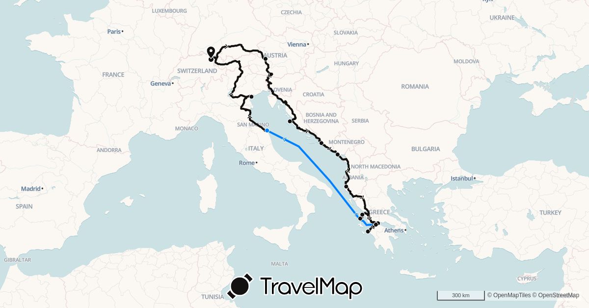 TravelMap itinerary: driving, camper, fähre in Albania, Austria, Bosnia and Herzegovina, Switzerland, Greece, Croatia, Italy, Montenegro (Europe)