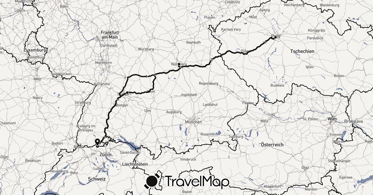 TravelMap itinerary: driving, camper in Switzerland, Czech Republic, Germany (Europe)